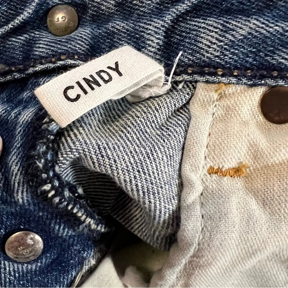 GRLFRND Cindy Fray Side Slit Button Fly Jean Shorts Patchwork High Rise Thrashed